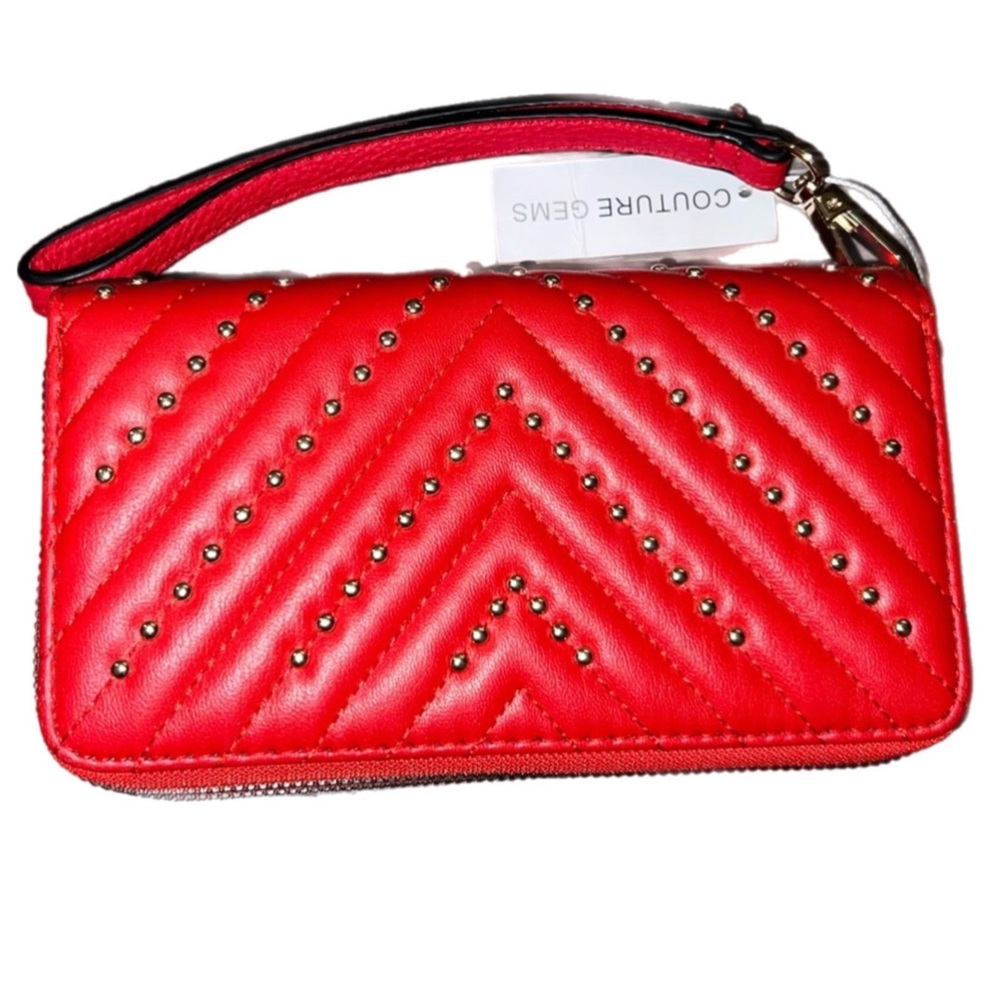 Couture Gems Red Quilted Faux Leather Double zipped Wallet Purse
